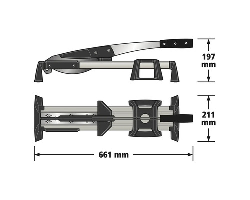 Laminatskärare med mått: längd 661 millimeter, höjd 197 millimeter och bredd 211 millimeter.