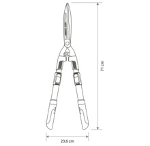 Teknisk ritning av en häcksax med en längd på 71 centimeter och en bredd på 23,6 centimeter.