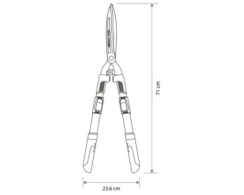 Teknisk ritning av en häcksax med en längd på 71 centimeter och en bredd på 23,6 centimeter.