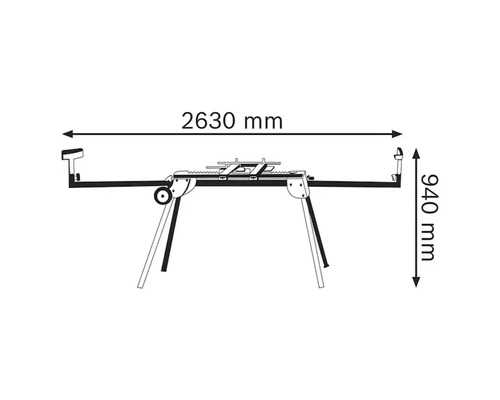 Arbetsbord för sågar med mått: bredd 2630 millimeter, höjd 940 millimeter.