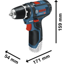 Blå-svart Bosch Professional borrskruvdragare GSR 10,8V-15: höjd 159 millimeter, längd 171 millimeter, bredd 54 millimeter. Bosch Logo.