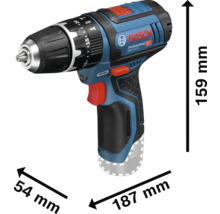 Bosch Professional sladdlös slagborrmaskin GSB 12V-15, längd 187 millimeter, höjd 159 millimeter, bredd 54 millimeter.
