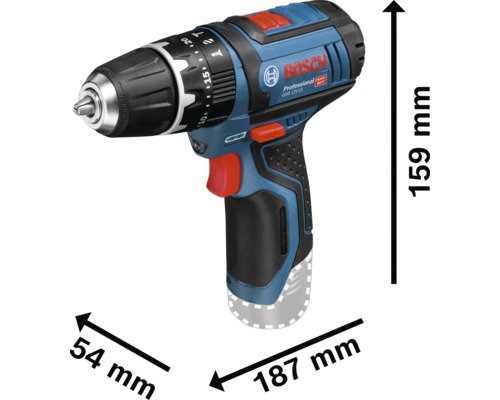 Bosch Professional sladdlös slagborrmaskin GSB 12V-15, längd 187 millimeter, höjd 159 millimeter, bredd 54 millimeter.