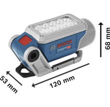Batteridriven LED-lampa Bosch Professional GLI 12V-330. Mått: längd 120 millimeter, höjd 68 millimeter, bredd 53 millimeter. Bosch Logo.