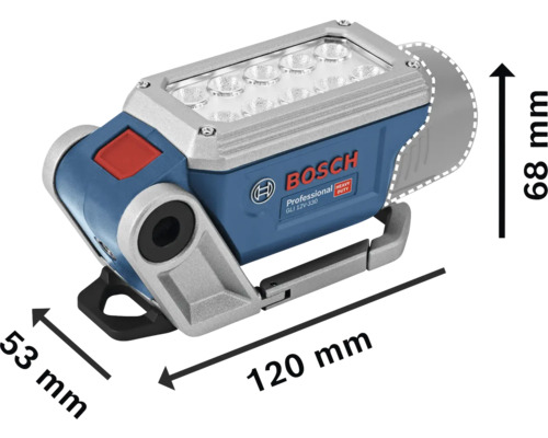 Batteridriven LED-lampa Bosch Professional GLI 12V-330. Mått: längd 120 millimeter, höjd 68 millimeter, bredd 53 millimeter. Bosch Logo.