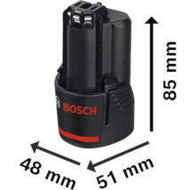 Bosch batteri med mått: höjd 85 millimeter, längd 51 millimeter och bredd 48 millimeter.