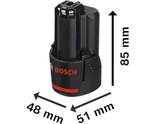Bosch batteri med mått: höjd 85 millimeter, längd 51 millimeter och bredd 48 millimeter.