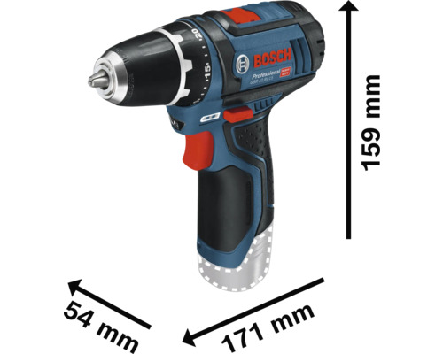 Bosch Professional borrskruvdragare GSR 10,8 Volt-15 med måtten 171 millimeter längd, 159 millimeter höjd och 54 millimeter bredd.