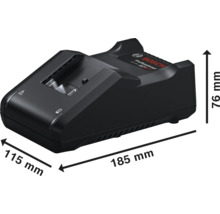 Bosch Professional batteriladdare med mått: längd 185 millimeter, bredd 115 millimeter, höjd 76 millimeter.