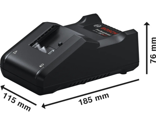 Bosch Professional batteriladdare med mått: längd 185 millimeter, bredd 115 millimeter, höjd 76 millimeter.