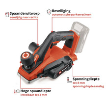 Einhell batteridriven hyvel med spånutkast, automatisk parkeringssko, spåndjup upp till 2 millimeter och falsdjup upp till 8 millimeter.