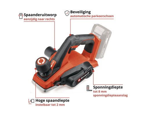 Einhell batteridriven hyvel med spånutkast, automatisk parkeringssko, spåndjup upp till 2 millimeter och falsdjup upp till 8 millimeter.