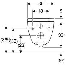 Måttritning av en vägghängd toalett med mått i centimeter för bredd, höjd och monteringsavstånd.