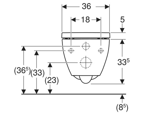 Måttritning av en vägghängd toalett med mått i centimeter för bredd, höjd och monteringsavstånd.