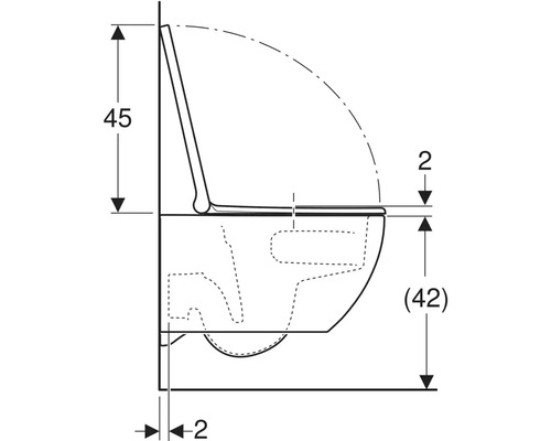 Teknisk ritning som visar sidovyn av en vägghängd toalett med sits inklusive mått för höjd och avstånd till vägg.