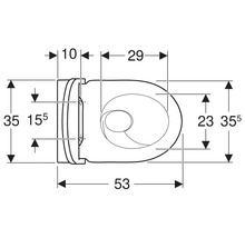 Teknisk ritning av en toalett med mått i centimeter: bredd 35,5, längd 53, monteringsavstånd 15,5.