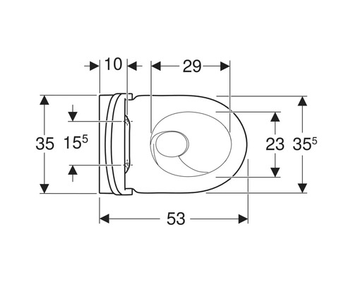 Teknisk ritning av en toalett med mått i centimeter: bredd 35,5, längd 53, monteringsavstånd 15,5.