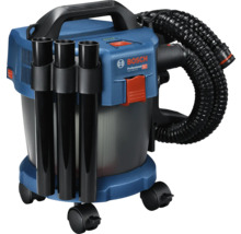 Bosch Professional sladdlös våt- och torrdammsugare GAS 18 Volt-10 liter i blått och svart med sugrör och flexibel slang på hjul.
