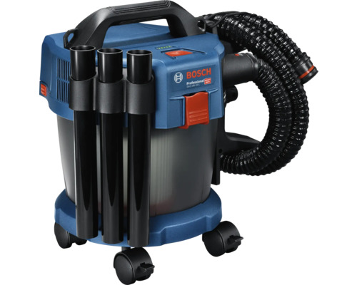 Bosch Professional sladdlös våt- och torrdammsugare GAS 18 Volt-10 liter i blått och svart med sugrör och flexibel slang på hjul.