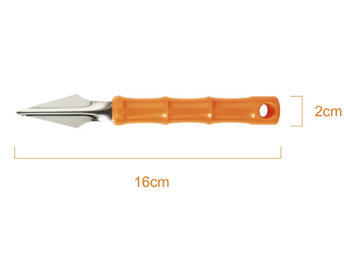 Fogskrapa med orange plasthandtag, total längd 16 centimeter, bredd 2 centimeter.