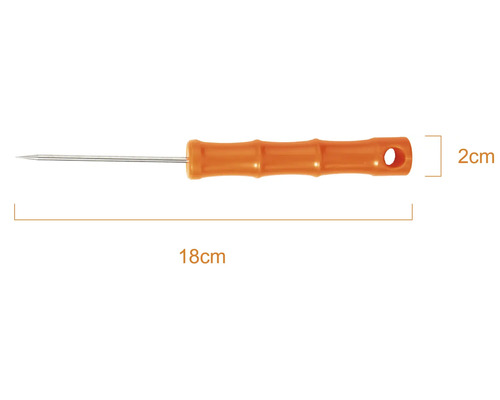 Syl med orange plasthandtag, total längd 18 centimeter, handtagsbredd 2 centimeter.