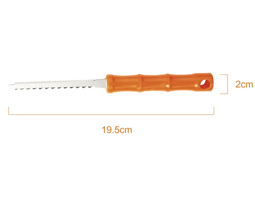 Fogsåg med ergonomiskt plasthandtag, total längd 19,5 centimeter, handtagshöjd 2 centimeter.