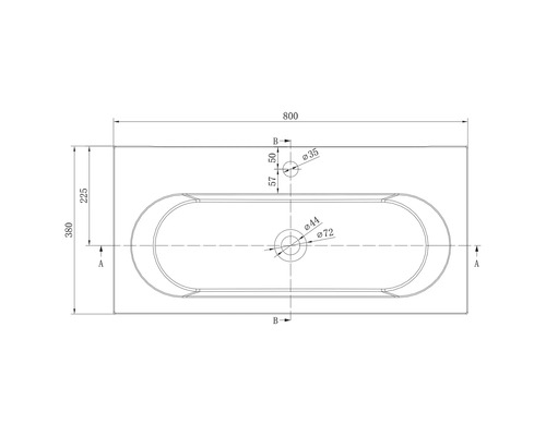 Teknisk ritning av ett tvättställ i vy ovanifrån med mått i millimeter. Bredd 800 millimeter, djup 380 millimeter.