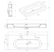 Teknisk ritning av ett rektangulärt tvättställ med oval ho och mått i millimeter och centimeter.