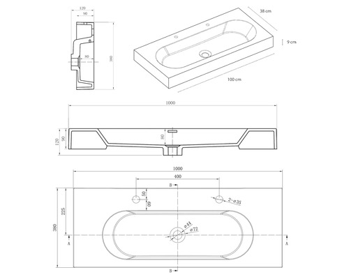 Teknisk ritning av ett rektangulärt tvättställ med oval ho och mått i millimeter och centimeter.