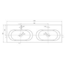 Teknisk ritning för ett dubbeltvättställ med två ovala tvättställ, total bredd 1200 millimeter och djup 380 millimeter.