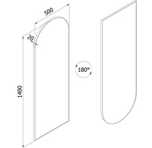 Måttritning av en välvd panel, höjd 1400 millimeter, bredd 500 millimeter, djup 20 millimeter, vridbar 180 grader.