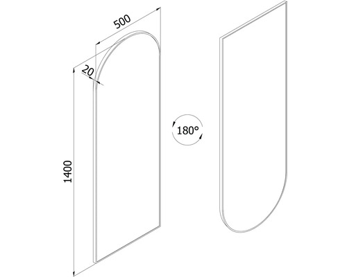 Måttritning av en välvd panel, höjd 1400 millimeter, bredd 500 millimeter, djup 20 millimeter, vridbar 180 grader.