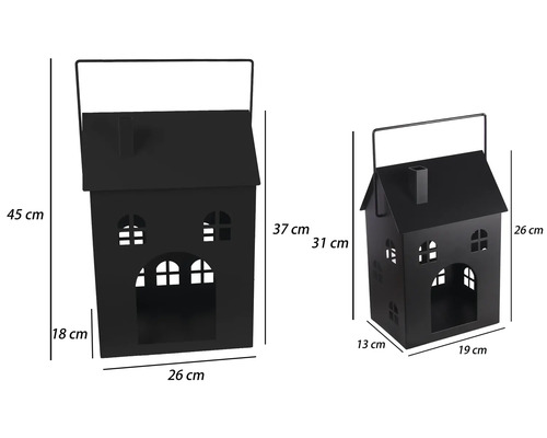 Två svarta ljuslyktor i metall i form av hus med måttangivelser i centimeter.