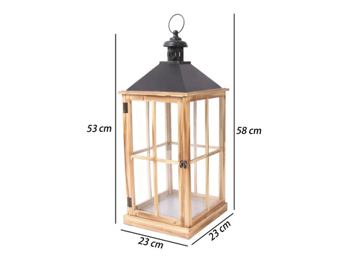 Trälykta med svart metalltak och glas, höjd 58 centimeter, bredd 23 centimeter, djup 23 centimeter.