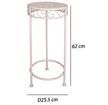 Blomställning i metall med dekorerad bordsskiva, höjd 62 centimeter, diameter 25,5 centimeter