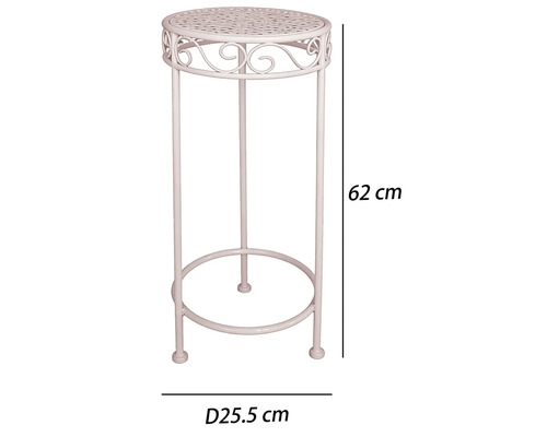 Blomställning i metall med dekorerad bordsskiva, höjd 62 centimeter, diameter 25,5 centimeter