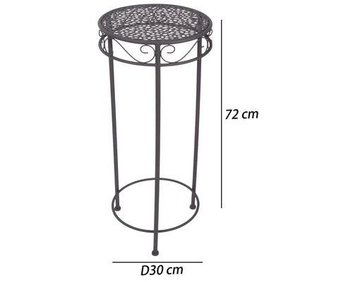 Blompiedestal i metall med dekorativa ornament och perforerad rund skiva, höjd 72 centimeter, diameter 30 centimeter.