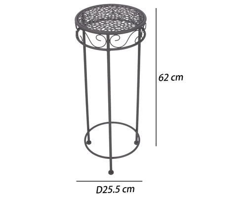 Högt blomständer i metall med dekorerad avställningsyta, höjd 62 centimeter, diameter 25,5 centimeter.