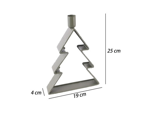 Ljusstake i form av en julgran av metall med mått, höjd 25 centimeter, bredd 19 centimeter, djup 4 centimeter.