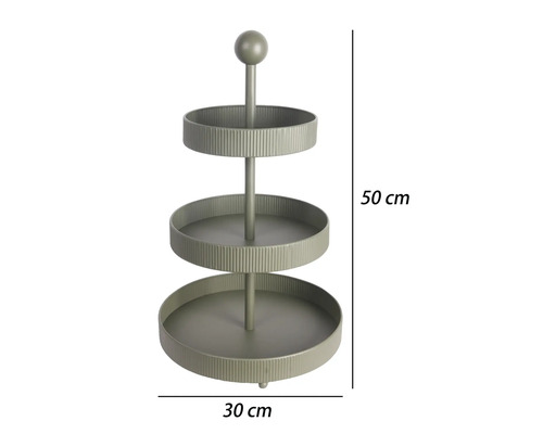 Våningsfat med tre våningar i olivgrön metall med räfflade skålar, höjd 50 centimeter, bredd 30 centimeter.