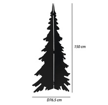 Svart julgranssiluett i metall, höjd 150 centimeter, diameter 76,5 centimeter.