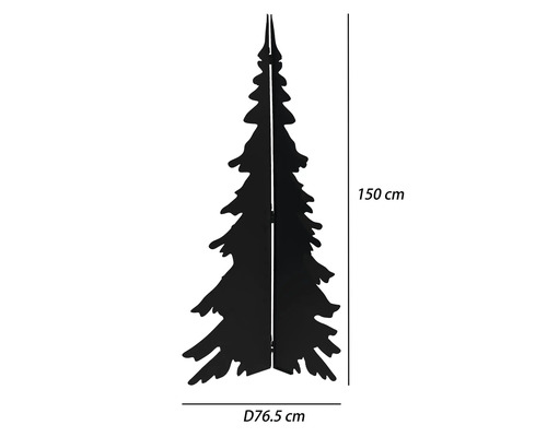 Svart julgranssiluett i metall, höjd 150 centimeter, diameter 76,5 centimeter.