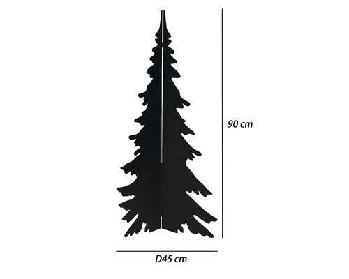 Svart julgran i metall, höjd 90 centimeter, diameter 45 centimeter.