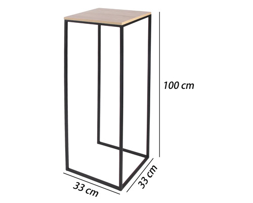 Hög växtpelare med svart metallram och ljus trämönstrad skiva, mått 100 centimeter hög samt 33 gånger 33 centimeter bred.