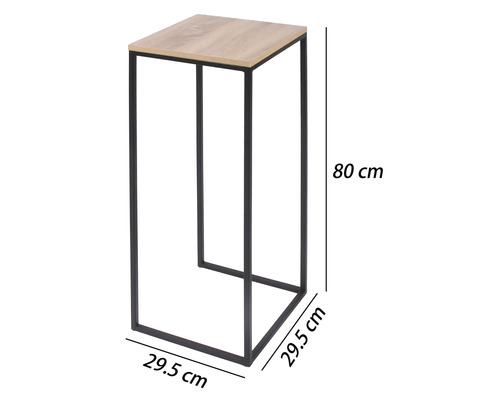 Piedestal med metallram och träskiva, höjd 80 centimeter, bredd 29,5 centimeter, djup 29,5 centimeter.