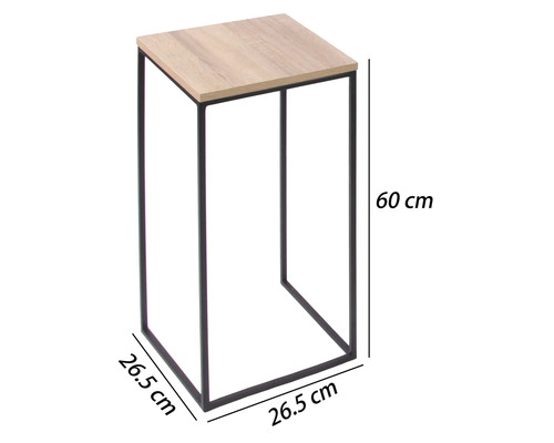 Blomsterbord med träskiva och svart metallram, höjd 60 centimeter, bredd 26,5 centimeter, djup 26,5 centimeter.