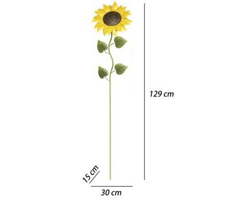 Trädgårdsdekoration i form av en solros, höjd 129 centimeter, bredd 30 centimeter, djup 15 centimeter.