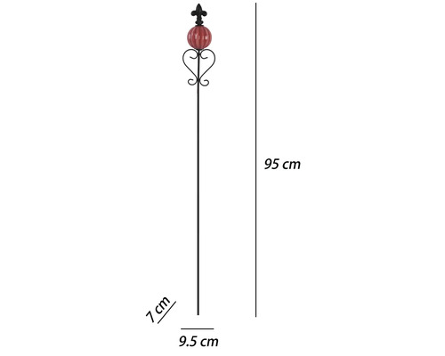 Trädgårdsdekoration i metall med rosa glaskula och lilja, höjd 95 centimeter, bredd 9,5 centimeter, djup 7 centimeter.
