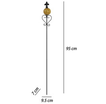 Dekorativ trädgårdsstav av metall med gul keramikboll, lilja och hjärta, höjd 95 centimeter, bredd 9.5 centimeter.