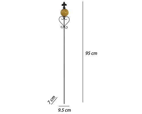 Dekorativ trädgårdsstav av metall med gul keramikboll, lilja och hjärta, höjd 95 centimeter, bredd 9.5 centimeter.